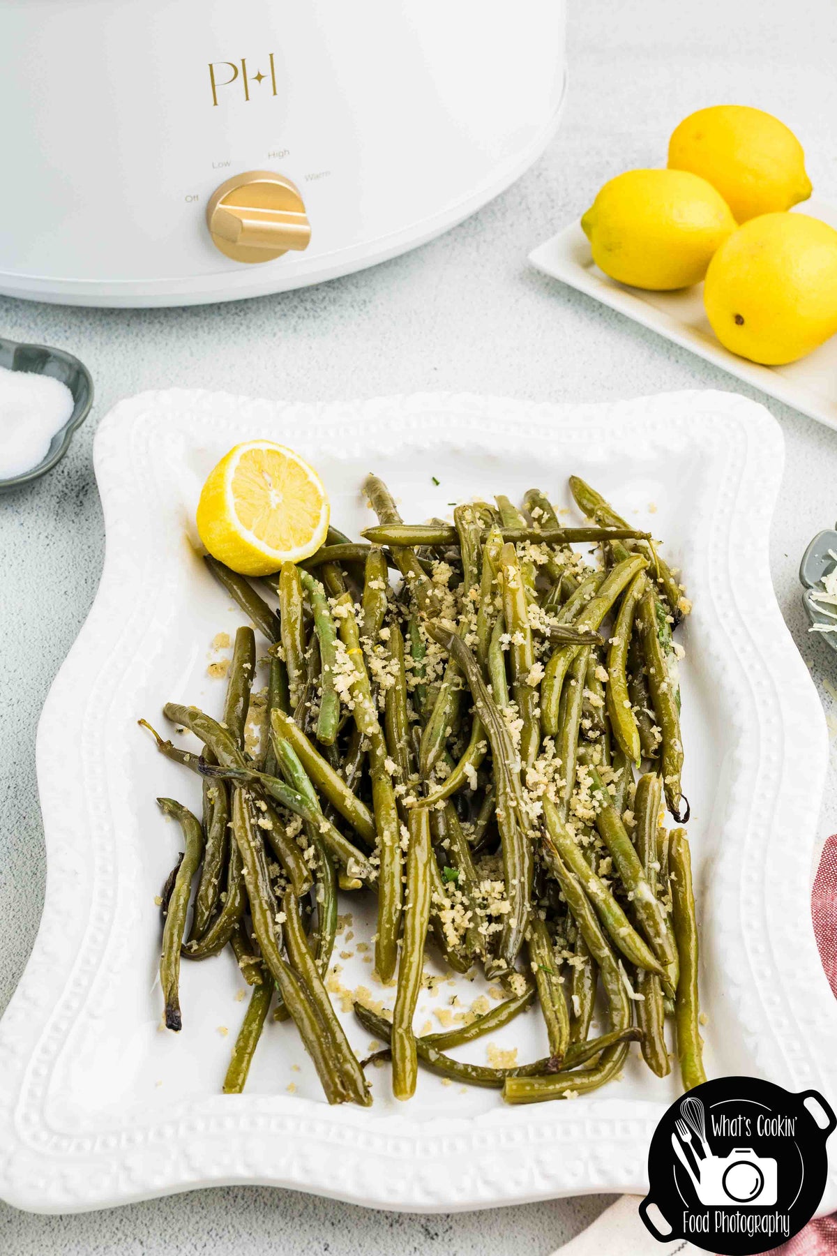 Crockpot Parmesan Green Beans with Shallot Butter Crumb