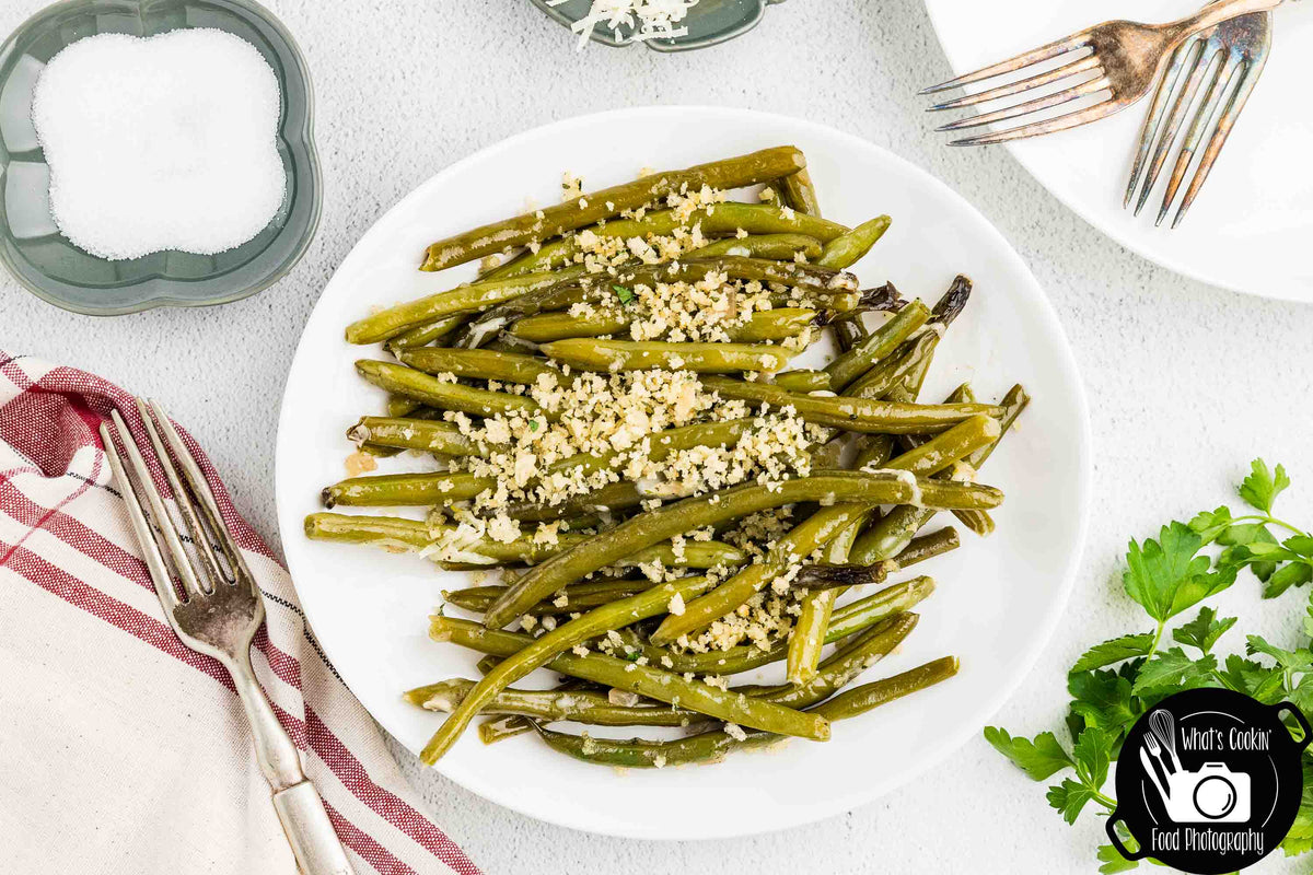 Crockpot Parmesan Green Beans with Shallot Butter Crumb