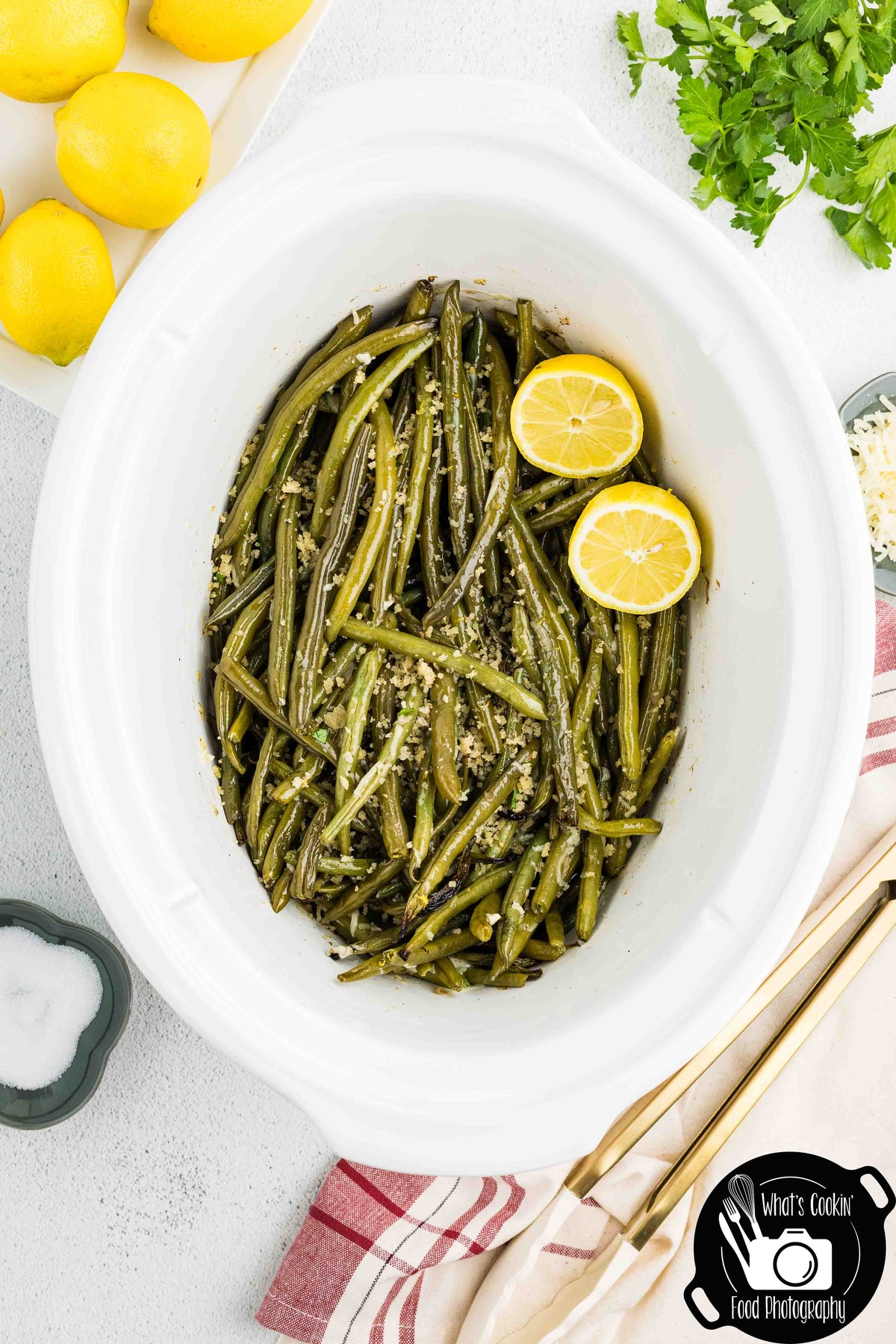 Crockpot Parmesan Green Beans with Shallot Butter Crumb