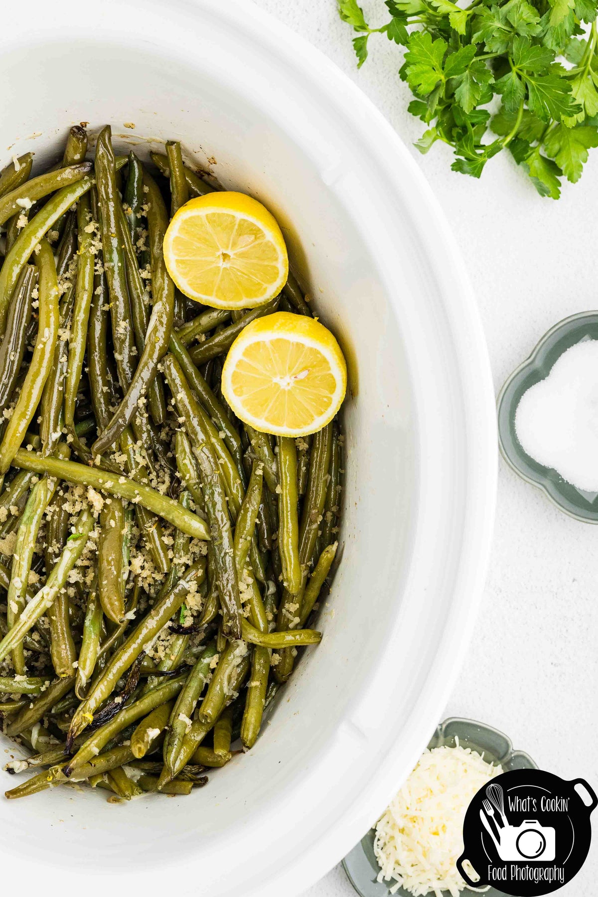 Crockpot Parmesan Green Beans with Shallot Butter Crumb