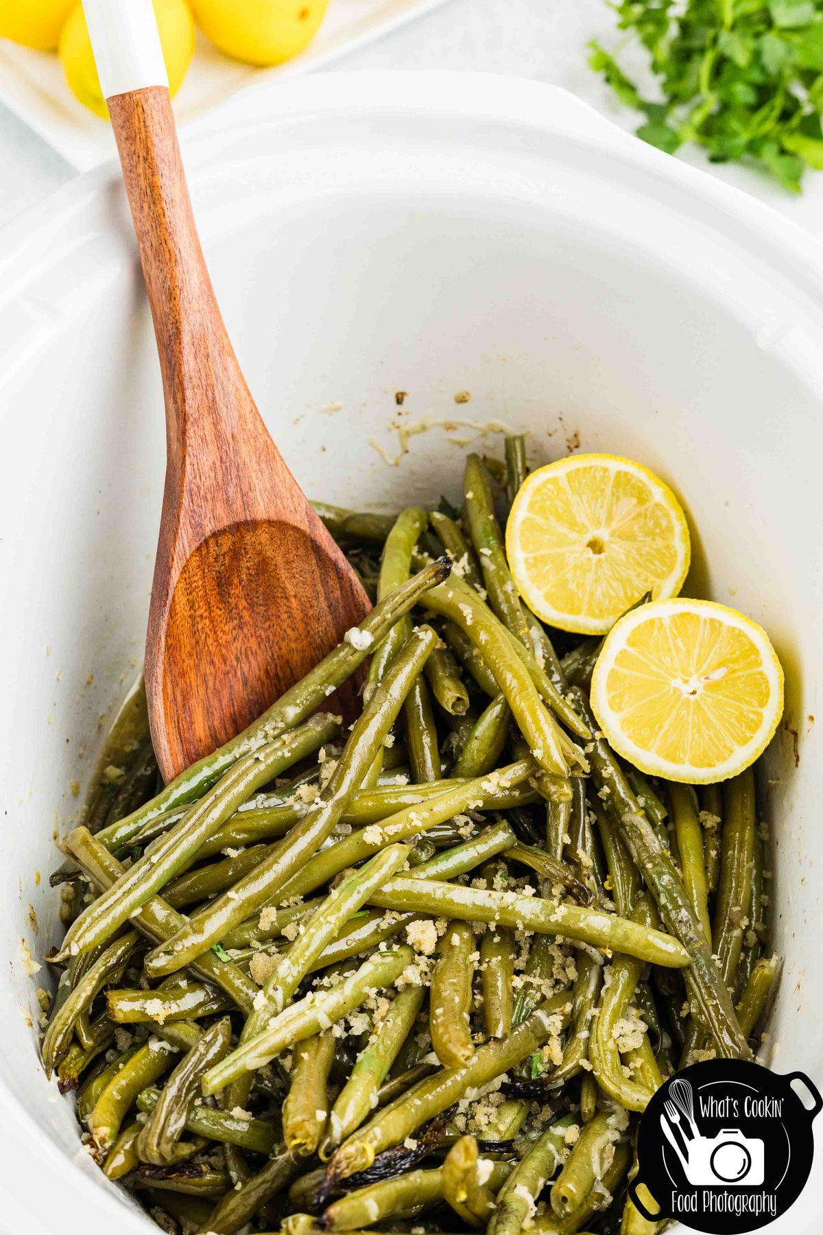 Crockpot Parmesan Green Beans with Shallot Butter Crumb